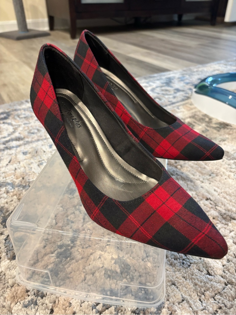 Plaid Pointed-Toe Pumps - Red/Black